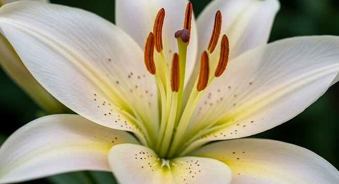 Close up of a vibrant white lily flower with yellow and brown accents