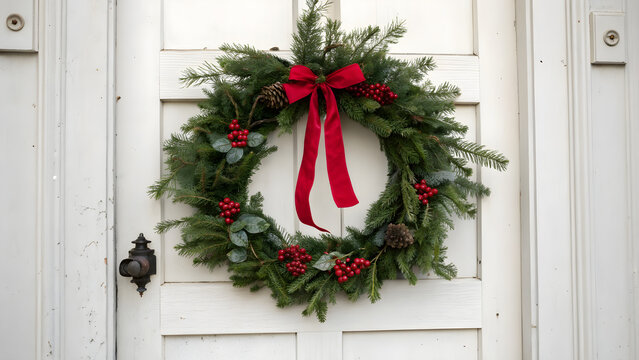 Festive greenery christmas wreath with red bow adorning a white door for holiday decoration - Powered by Adobe