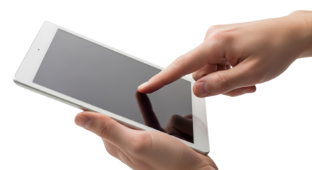 Person interacting with a tablet touchscreen device on an isolated background