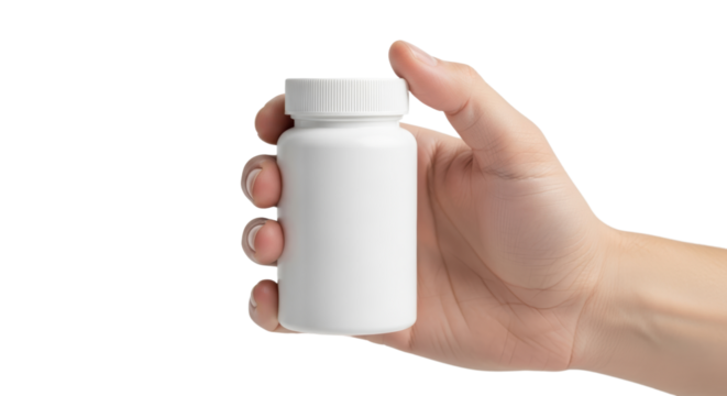 Hand holding white bottle against white background for medication or supplement use