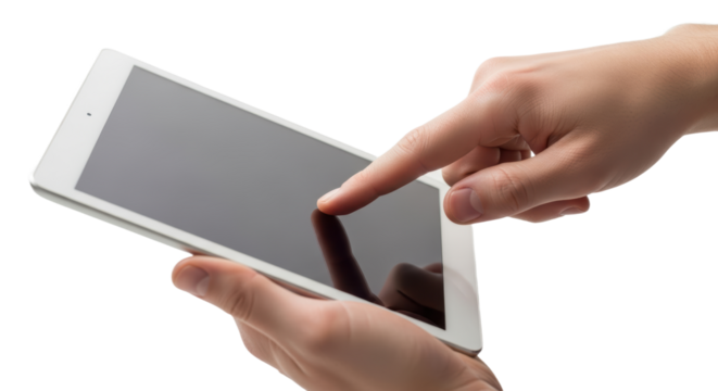 Person interacting with a tablet touchscreen device on an isolated background