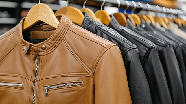 Leather jackets hang elegantly on wooden hangers in a luxury boutique, set against a soft-focus background that accentuates an upscale, refined atmosphere