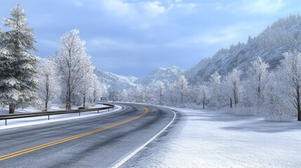 A sleek gray luxury car navigates a winding snowy road, showcasing its elegance against a backdrop of winter trees and distant mountains under bright blue skies