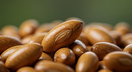 Close up of numerous brown nuts against a blurred green background
