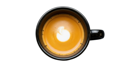 Top view of black cup with creamy coffee on black background