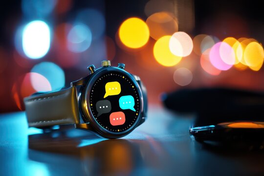 Smart Watch with Colorful Chat Bubbles and Bokeh Lights
