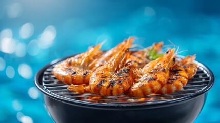 Juicy, grilled shrimp are cooking on a barbecue grill, their savory aroma fills the air. The vibrant colors pop against the clear blue water of the pool, creating a perfect summer vibe