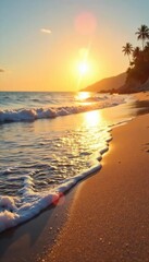 Golden Hour Sunlight on Pristine Sandy Shore Gentle Waves Create Delicate Sand Patterns, Perfect for Travel, Nature, and Coastal Projects