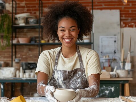 Happy young woman working in pottery studio during daytime