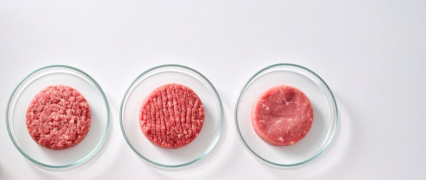 raw ground cultured meat in petri dishs cultivated beef patties on white lab table top view
