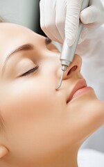 Naklejka premium A woman is receiving laser tattoo removal treatment on her face in a beauty salon, wearing sunglasses and surrounded by professional equipment.
