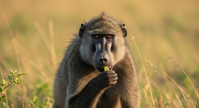 Close up of a baboon eating in a grassy field under natural sunlight