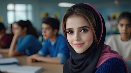 A Saudi woman wearing a pink and white hijab sits in a university classroom, smiling warmly at her students seated behind her