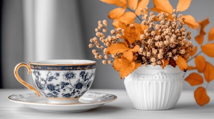 A vintage tea set featuring a delicate blue floral design rests on a lace table, creating a serene atmosphere with soft natural lighting
