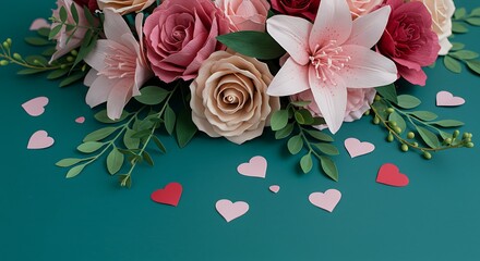 Close up of paper flowers arrangement with hearts on a vibrant green background