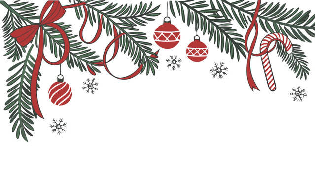 A delightful Christmas border featuring lush green fir branches, looping red ribbons, striped candy canes, hanging red baubles, and gentle falling snowflakes on a light gray-white background