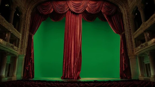 A grand stage with crimson curtains, a green backdrop, and ornate architecture