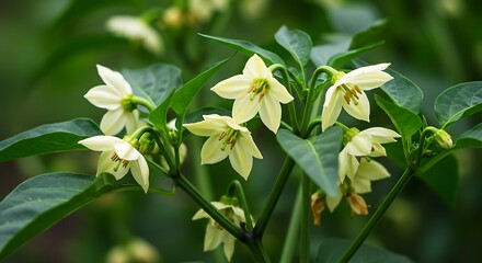 Close up of pepper plant with white flowers and green foliage