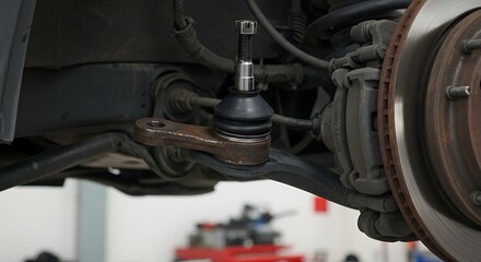 Close up of a ball joint and brake rotor automotive parts detail