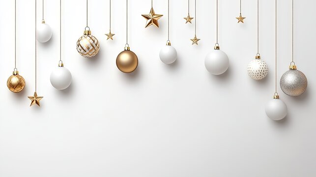 Decorative black and white Christmas ornaments hang gracefully from above, enhancing a minimalist aesthetic on a pristine white background