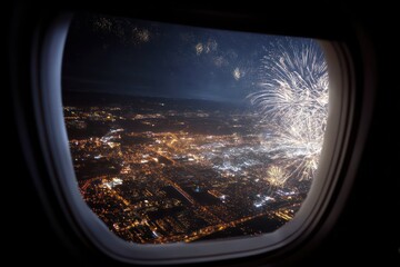 Stunning Fireworks Over Cityscape from Airplane Window at Night