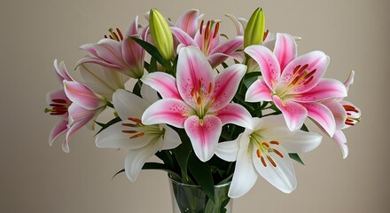 Close up of pink and white lilies in a glass vase against a neutral background