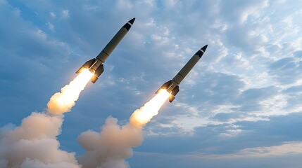 Two missile rockets ascend simultaneously through the sky, leaving trails of smoke and clouds against a bright blue backdrop