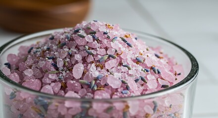 Close up of pink bath salts in a clear glass bowl for beauty treatments