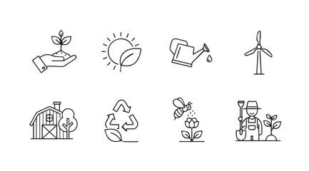 Set of hand drawn icons representing sustainable agriculture and eco friendly farming practices vector
