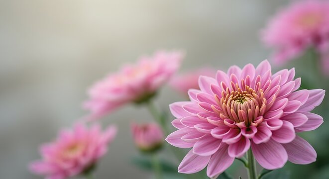 Close up of pink chrysanthemum flowers with soft focus and natural lighting