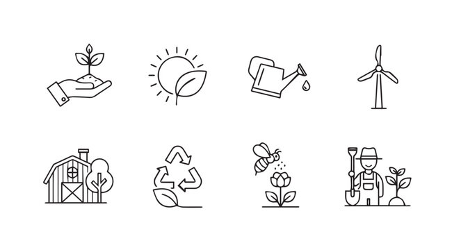 Set of hand drawn icons representing sustainable agriculture and eco friendly farming practices vector