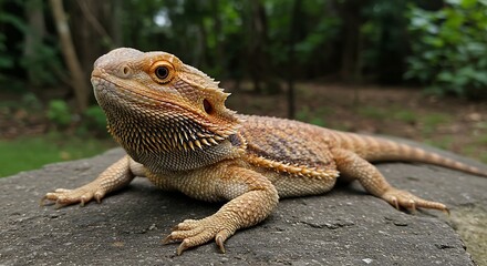 Close up of a bearded dragon lizard resting on a rock with green background