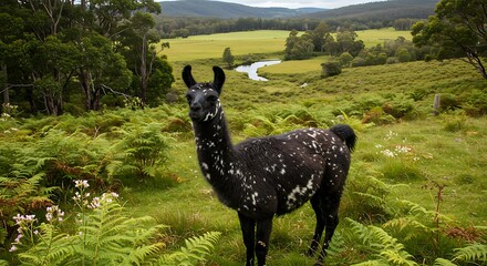 Fototapeta premium Black and white llama grazing in lush green meadow with mountain views