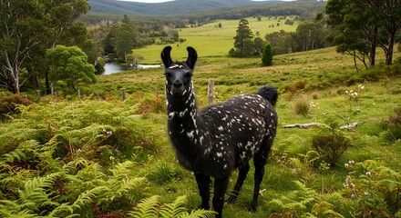 Black and white llama stands in a green field with a distant mountain range