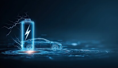 Digital Representation Of Electric Battery Charging On Dark Background With Glowing Effects