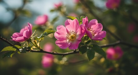 Close up of pink rose blossoms with yellow centers against a blurred background
