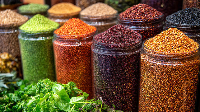 Colorful jars filled with various spices and seeds arranged in a market display, showcasing vibrant textures and natural ingredients for culinary creativity
