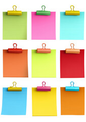 Colorful sticky notes arranged in grid pattern, featuring various colors including green, pink, blue, orange, and yellow. Each note is secured with clip, creating vibrant and organized display