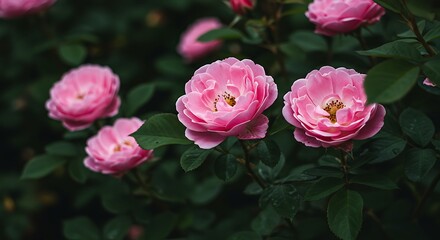 Close up of pink roses blooming in a garden with green foliage background