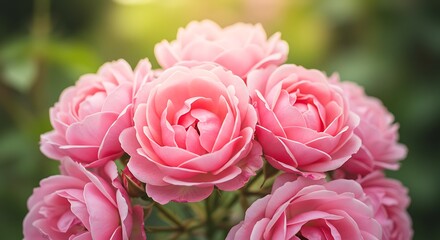 Close up of pink roses in bloom with blurred green background