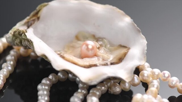 Pearl, Natural pearl inside the oyster shell, close up, necklace rotating over black background. Pink Nacre. Mother-of-pearl. Slow motion. 
