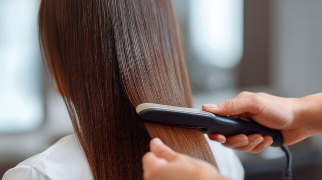 In a bright and inviting salon, a skilled hairdresser applies a straightening iron to beautifully long hair, transforming it into smooth, shiny perfection