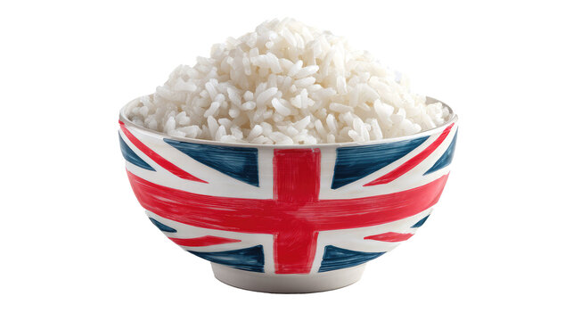 A bowl of white rice with a british flag on transparent background	
