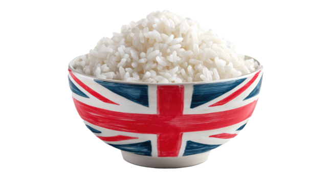 A bowl of white rice with a british flag on transparent background	
