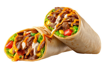 Loaded gyro wrap with sauce, delicious casual snack, features tender meat, fresh vegetables, and creamy dressing, perfect for satisfying hunger