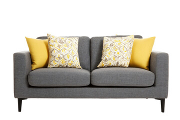 Modern grey fabric sofa with slim black legs, adorned with vibrant yellow and patterned cushions, adds stylish touch to any living space, creating cozy and inviting atmosphere