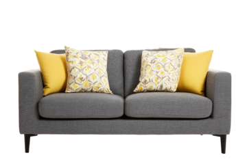 Modern grey fabric sofa with slim black legs, adorned with vibrant yellow and patterned cushions, adds stylish touch to any living space, creating cozy and inviting atmosphere