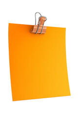Vibrant orange sticky note secured with metal clip, isolated on transparency background, perfect for reminders or notes. This conveys sense of organization and creativity