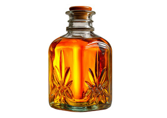 Elegant glass bottle filled with amber liquid, showcasing intricate design and craftsmanship. warm tones of liquid create luxurious and inviting appearance