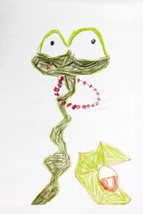 Real drawing of small child. Drawing by pencils. Green snake with big eyes red tongue and beads on white background